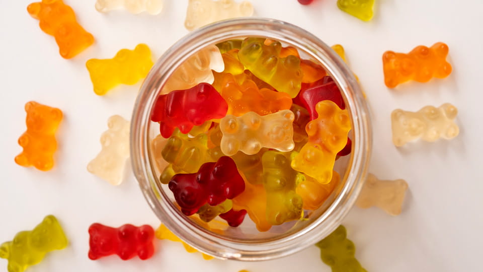 Gummy bears candy with glass jar