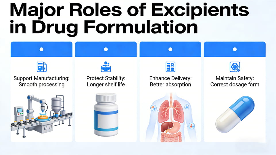 Major roles of excipients in a drug formulation