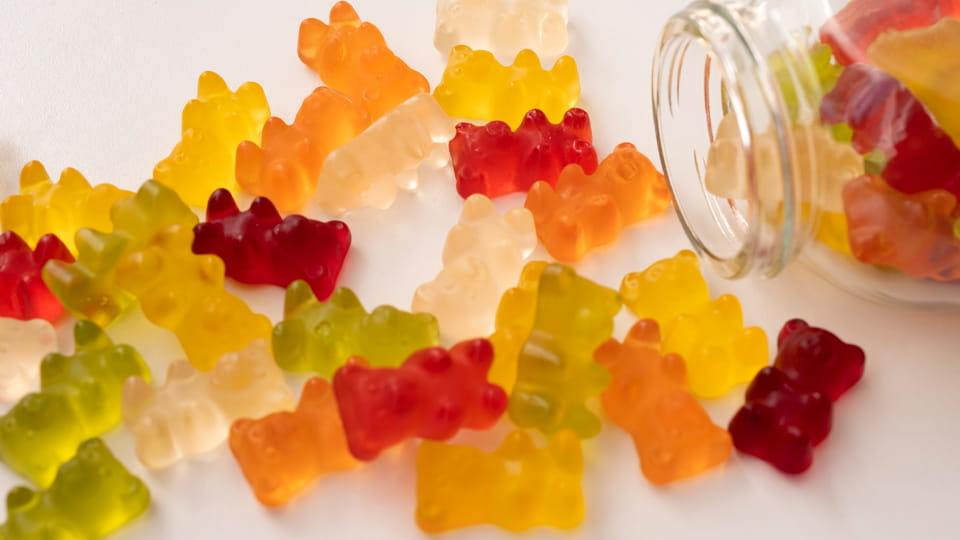 gummy bears in glass bottle
