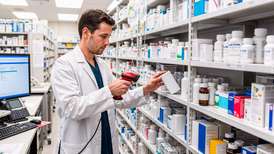 Pharmacist sorting drugs in phamacy