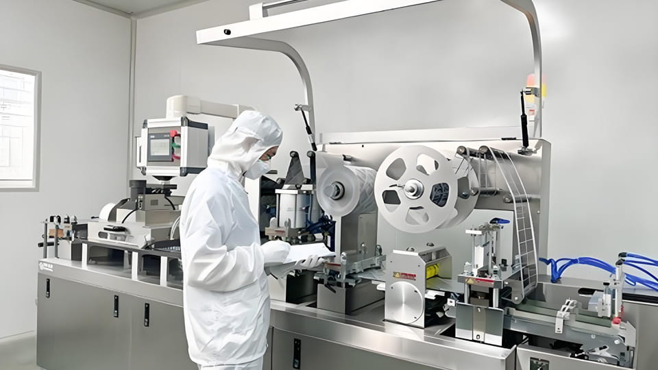 Worker handling primary packaging of tablets