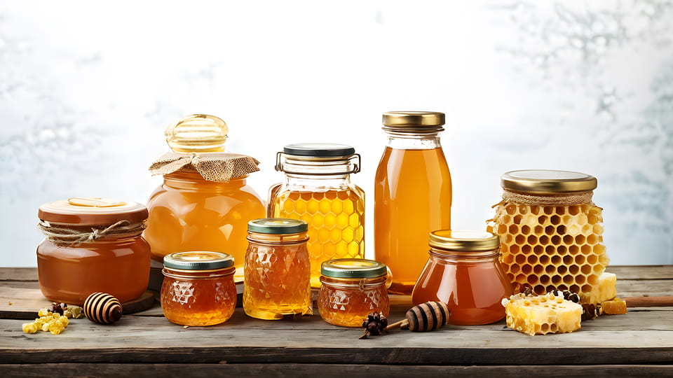 jars filled with honey in various flavors and sizes
