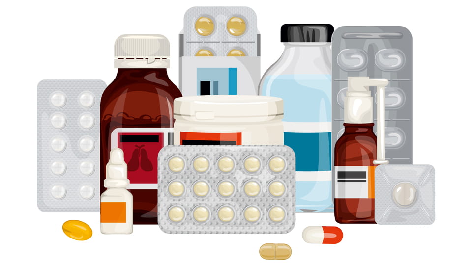 pills in blisters and capsules jars of drops and syrups