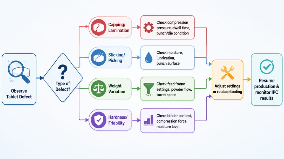 A decision-tree illustrating how to diagnose tablet defects by checking specific parameters