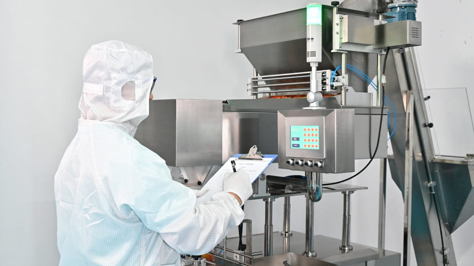 GMP cleanroom operator documenting stainless steel tablet counter operation parameters