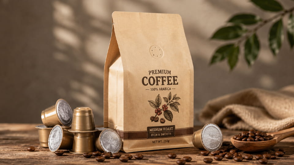 Coffee Packaging in Flat-Bottom Bags and Coffee capsules or pods