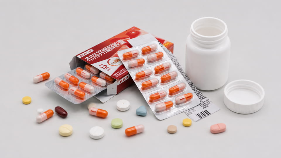 Pharmaceutical Blister Packaging in carton with Open Pill Bottle and Capsules tablets