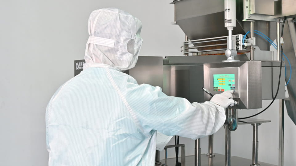 Workers in protective suits are operating the HMI&PLC