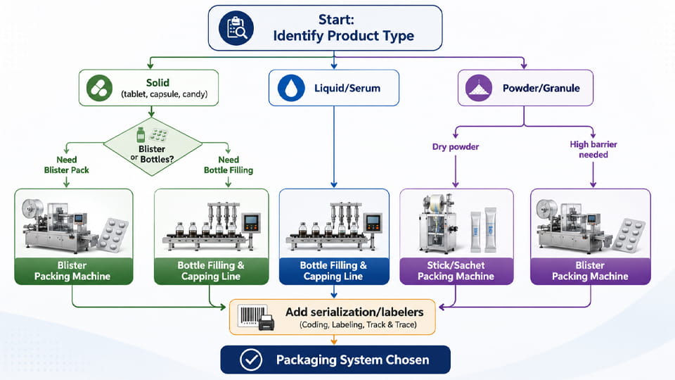 flowchart to how a manufacturer might select packaging machinery based on product type and requirements