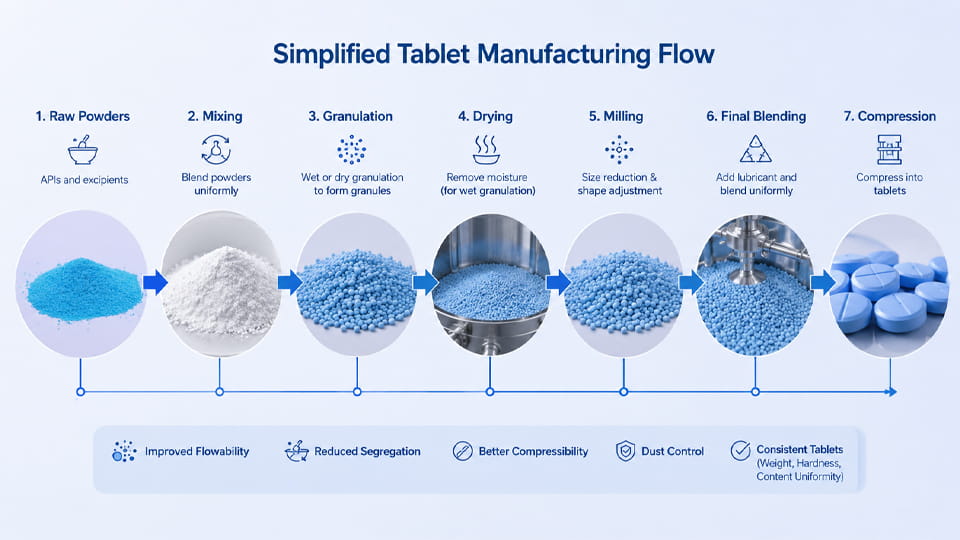 Simplified tablet manufacturing flowchart-Granulation Before Tableting