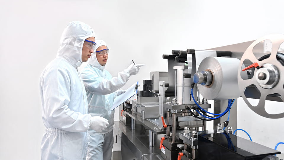 Workers in protective suits operating blister pack machine in cleanroom