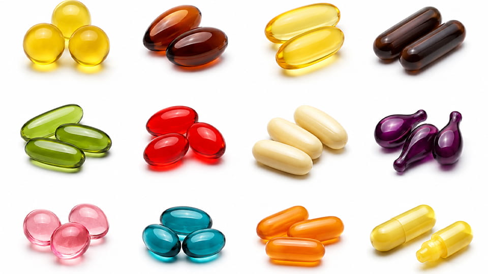 soft gelatin capsules of various colors and shapes