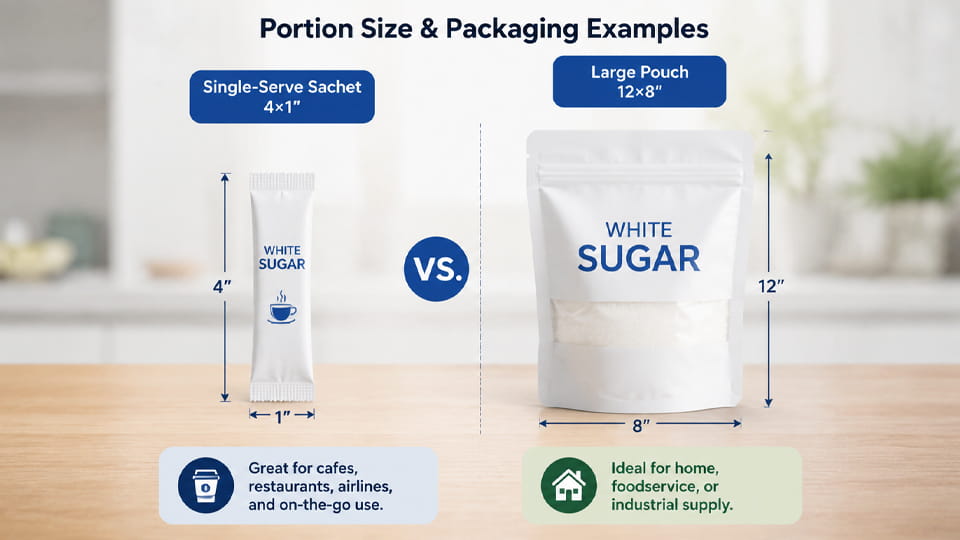A single-serve sugar sachet vs. a larger doypack pouch