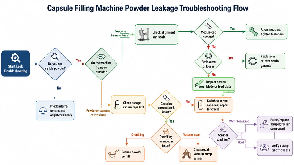 Capsule Filling Machine Powder Leakage Troubleshooting Flow