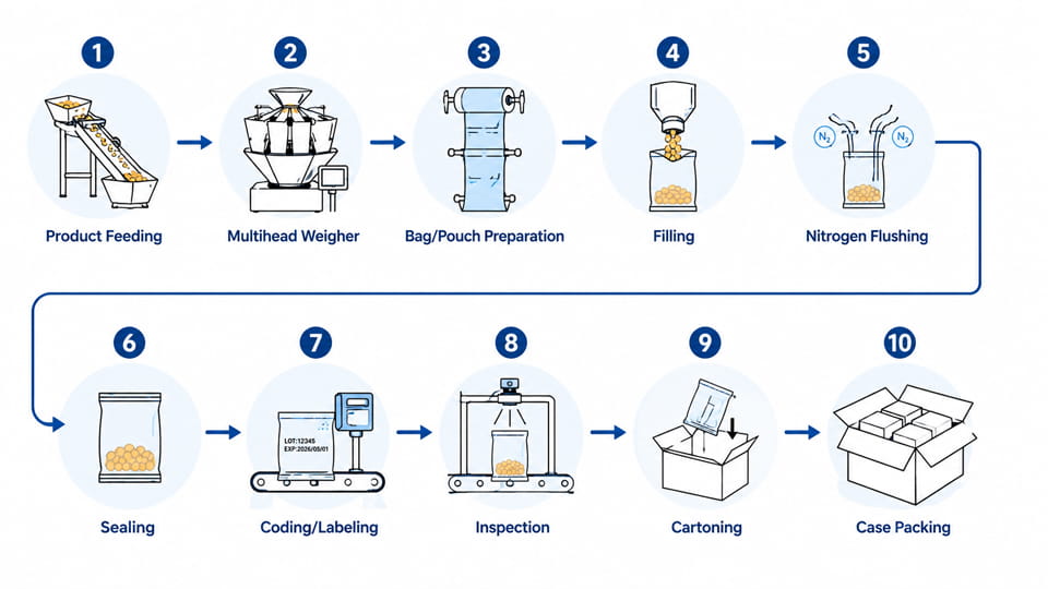 Flowchart of automated snack packaging process, from feeding to case packing
