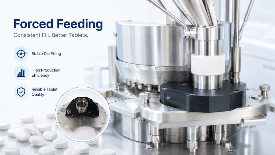 Forced Feeding in Tablet Press actively pushes powder into dies