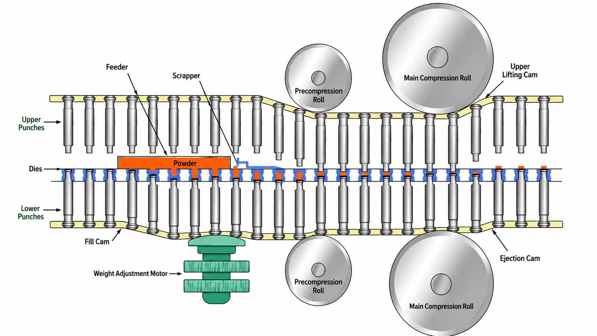 Rotary tablet press diagram illustrating powder filling, pre-compression, main compression, and tablet formation with upper punches, lower punches, dies, and compression rollers.