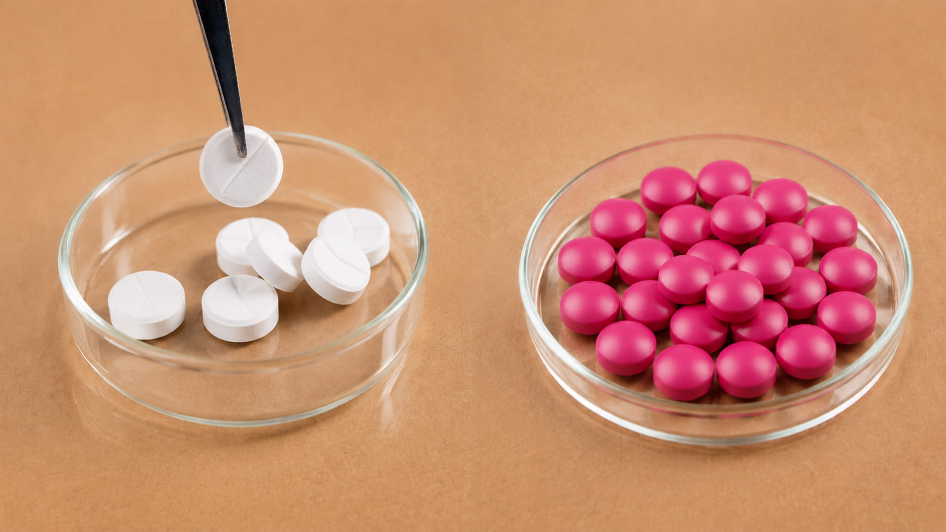 Uncoated (left) vs film-coated (right) tablets