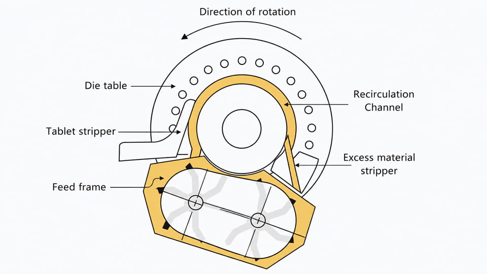 schematic diagram of forced feeder feed frame in rotary tablet press