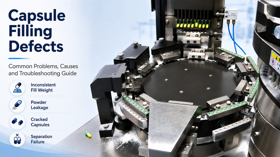 Automatic capsule filling machine for troubleshooting common capsule filling defects such as fill weight variation, powder leakage and capsule separation failure