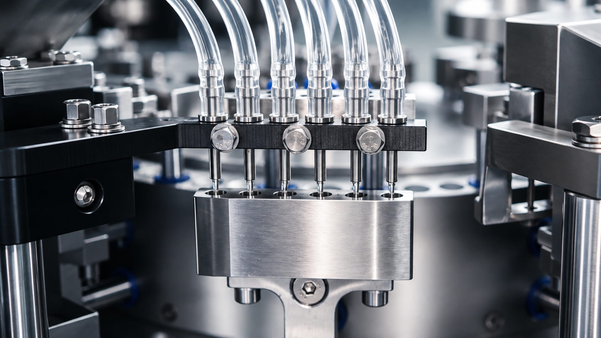 Close-up of a liquid capsule filling machine dispensing liquid into capsules