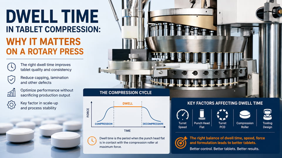Rotary tablet press showing the compression area where dwell time occurs during tablet compression