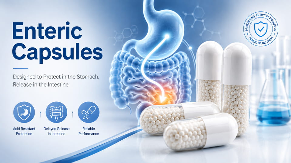 Enteric Capsules with acid-resistant protection and delayed release in the intestine