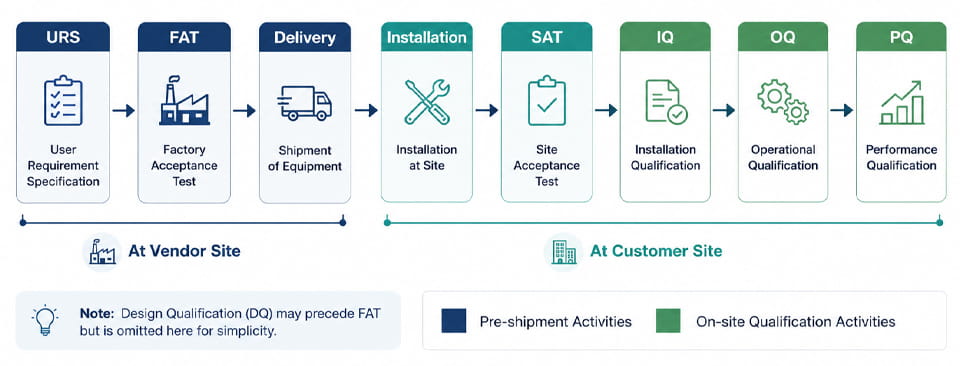 FAT and SAT in the pharmaceutical equipment qualification lifecycle from URS to PQ