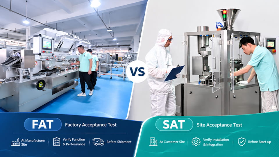FAT vs SAT for pharmaceutical equipment, showing factory acceptance testing and site acceptance testing