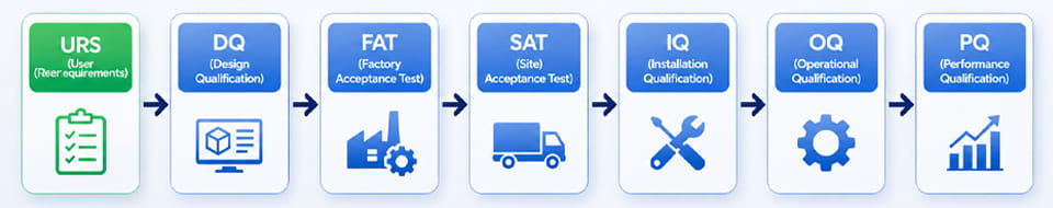 Pharmaceutical equipment qualification lifecycle from URS through DQ, ΛΙΠΟΣ, ΣΑΤ, IQ, OQ και PQ