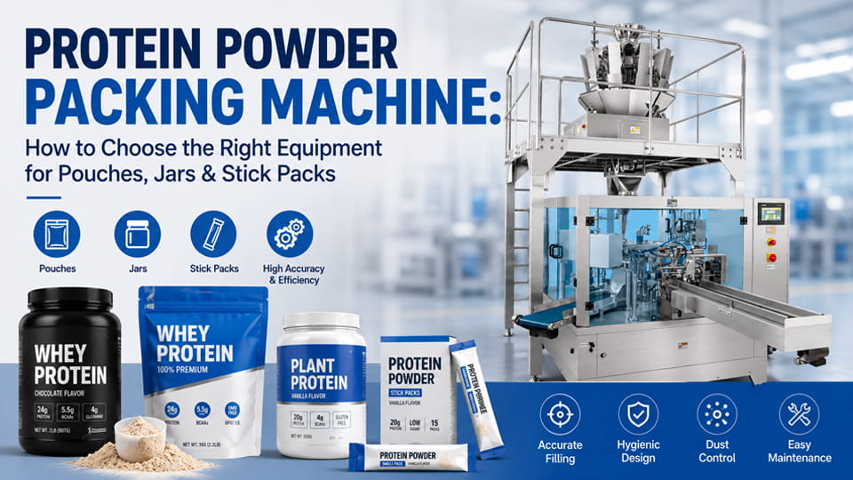 Protein powder packing machine for pouches, jars, and stick packs