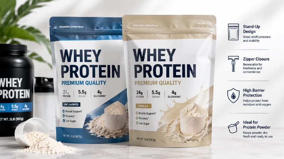 Protein powder in stand-up zipper pouches