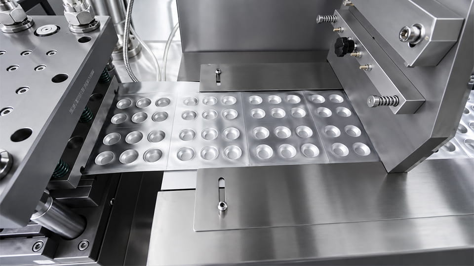 Cold forming Alu-Alu blister packaging process with aluminum laminate being mechanically formed into blister cavities