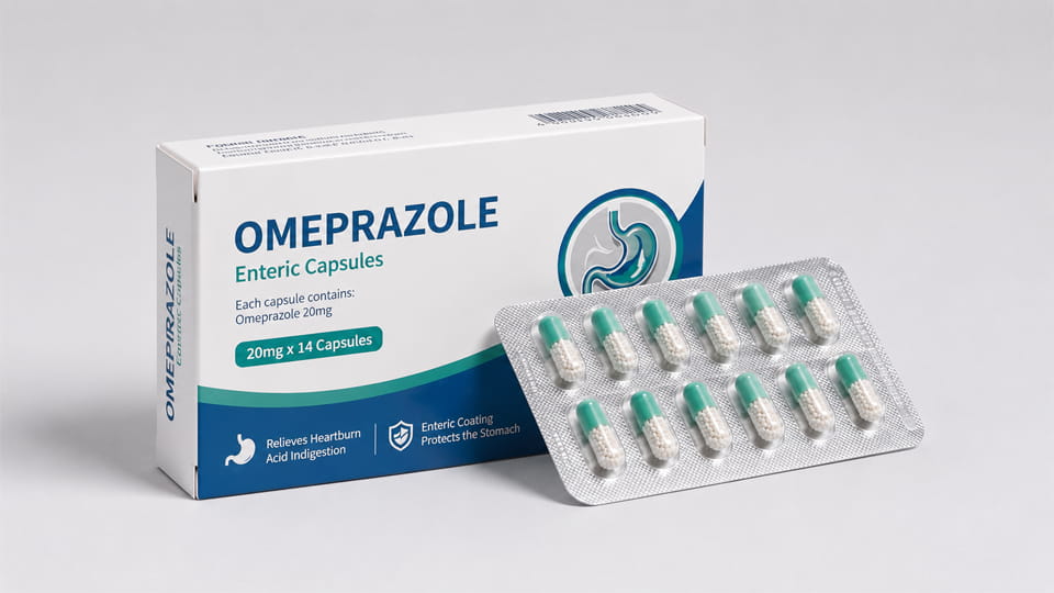 Enteric capsules in omeprazole blister packaging and medicine box