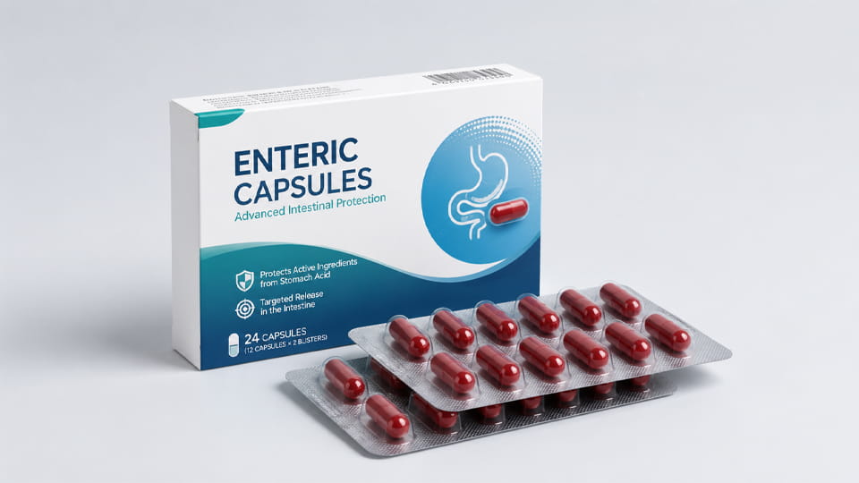 Enteric capsules in pharmaceutical blister packaging and medicine box