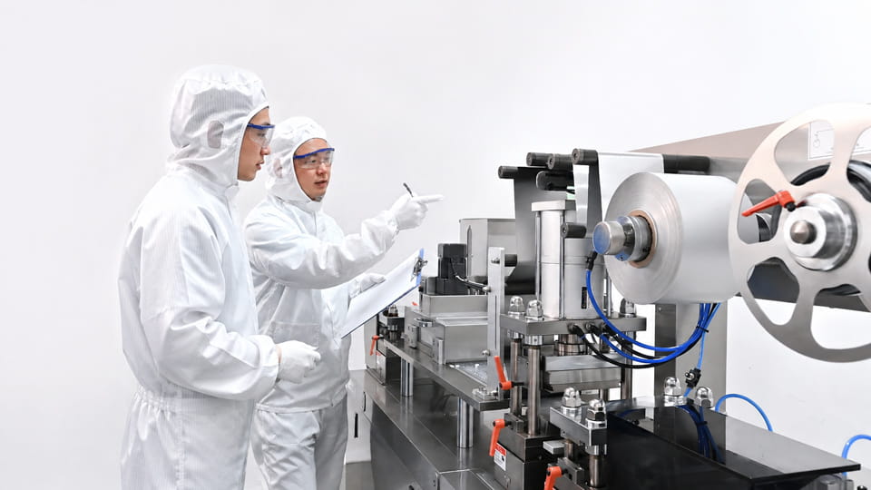 Pharmaceutical blister packaging machine undergoing FAT acceptance testing against URS requirements, including forming, sealing, feeding, and control system checks