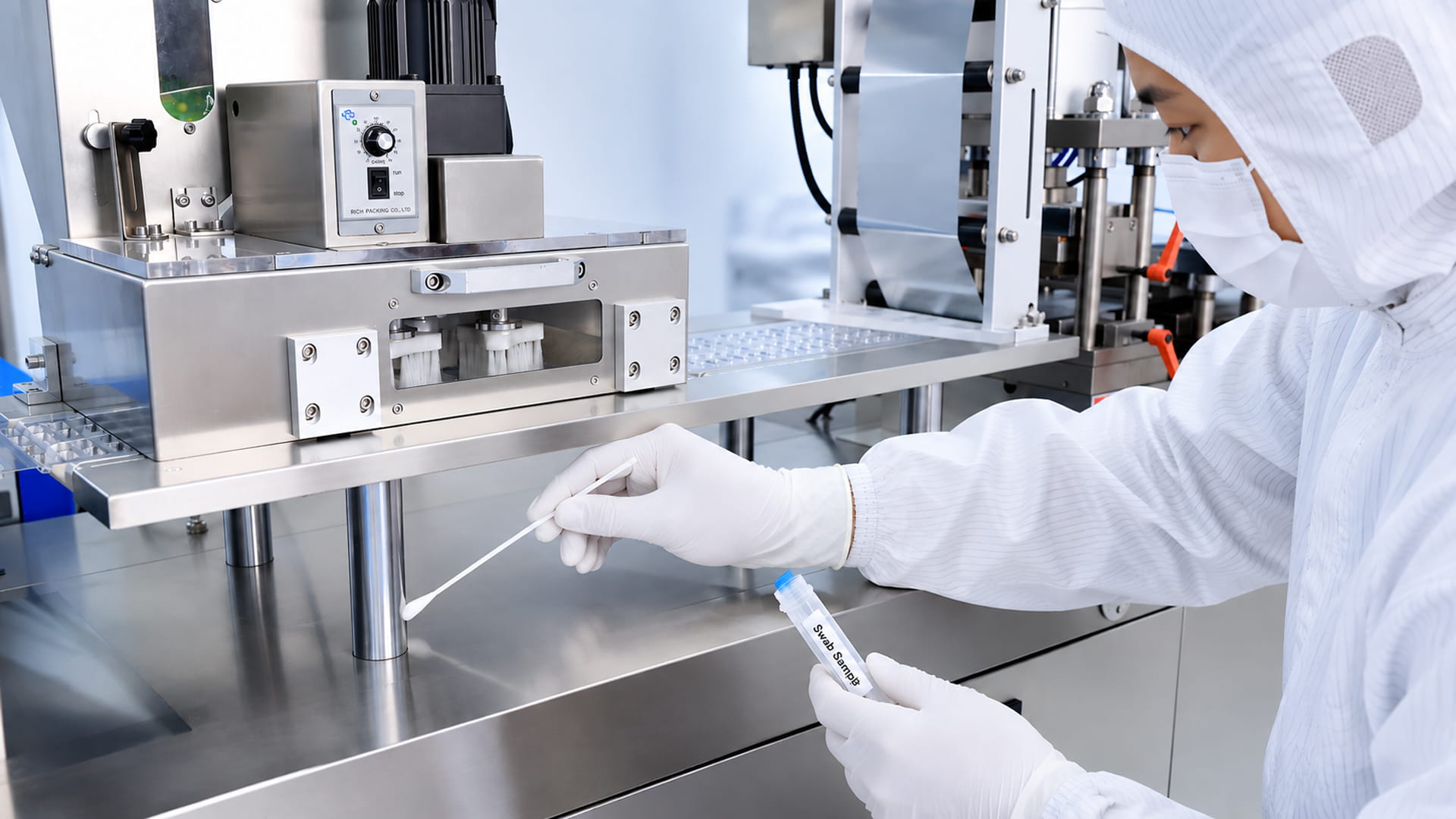 Swab sampling of pharmaceutical equipment contact surfaces during cleaning validation to confirm residue removal and prevent cross-contamination.