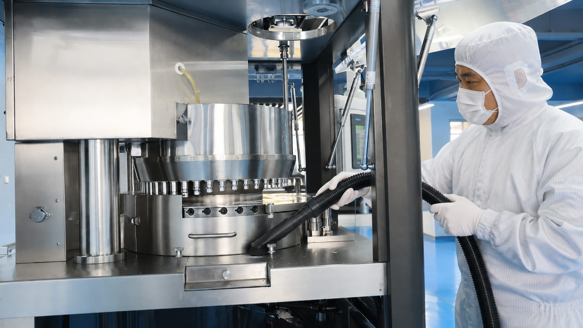 Vacuum cleaning a pharmaceutical tablet press before production as part of pharmaceutical cleaning validation and preventive equipment maintenance