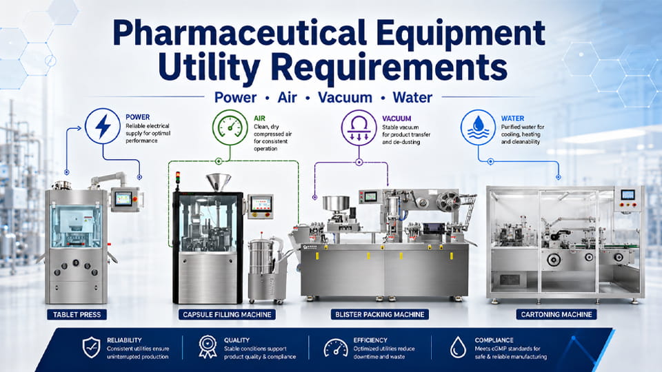 Pharmaceutical equipment utility requirements for power, compressed air, vacuum and water