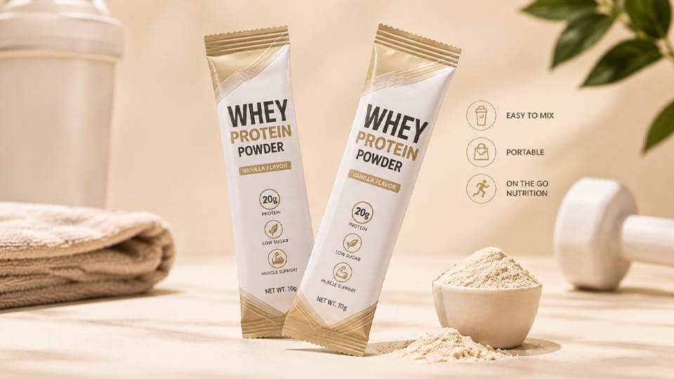 Protein powder in single-serve stick packs