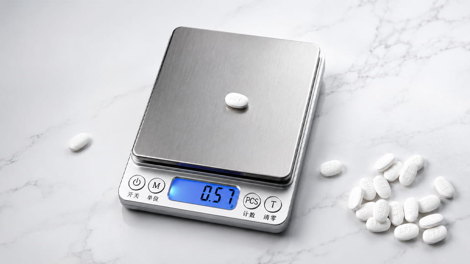 Digital scale measuring tablet weight to illustrate tablet weight variation