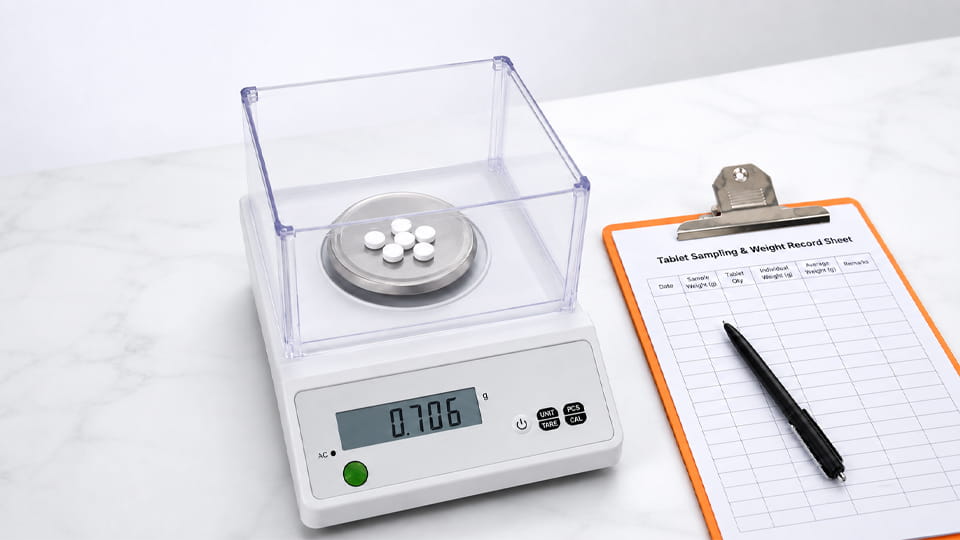 Tablet weight variation testing using a precision balance and quality control record sheet in pharmaceutical manufacturing