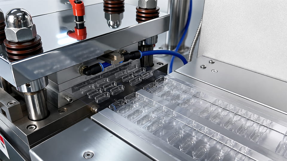 Thermoforming blister machine forming pharmaceutical cavities from heated plastic film