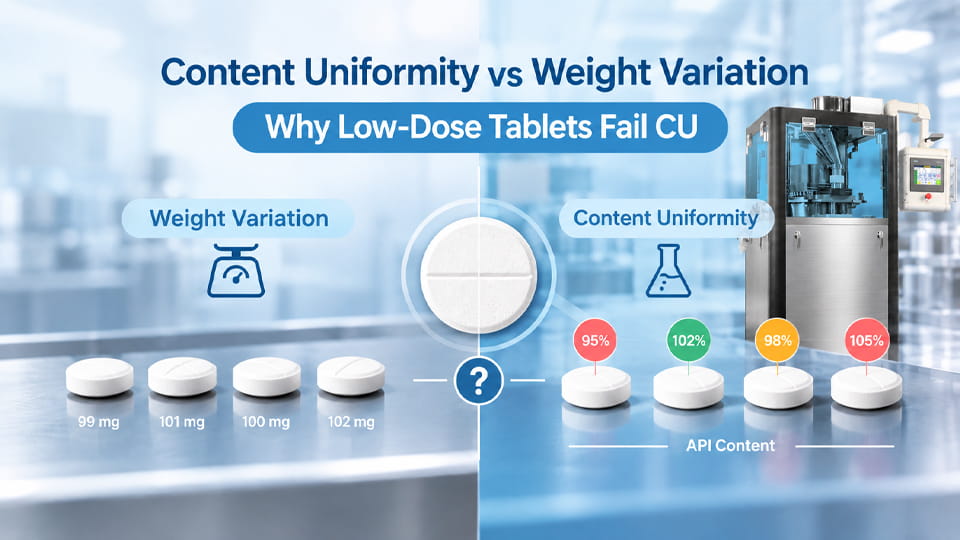 Content uniformity vs weight variation in low-dose tablets, showing tablet weight control and API content differences