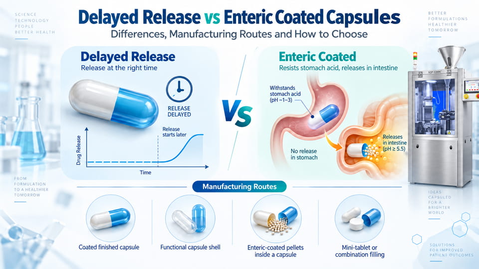 Delayed release vs enteric coated capsules comparison showing release mechanisms, manufacturing routes, enteric-coated pellets, and an automatic capsule filling machine.