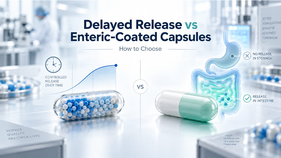 Delayed release vs enteric-coated capsules showing controlled drug release and intestinal release after gastric protection.
