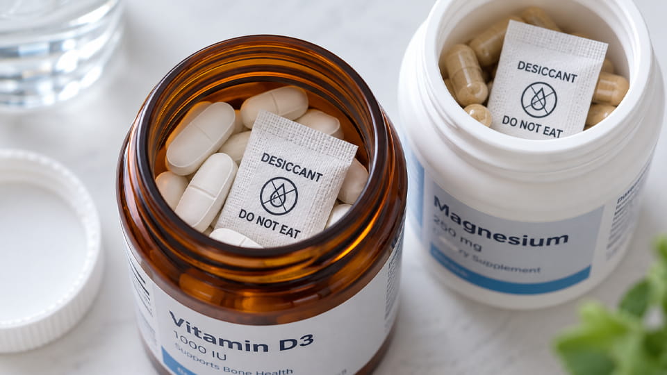 Desiccant packets inside open medicine bottles containing tablets and capsules, illustrating moisture control in pharmaceutical bottle packaging.