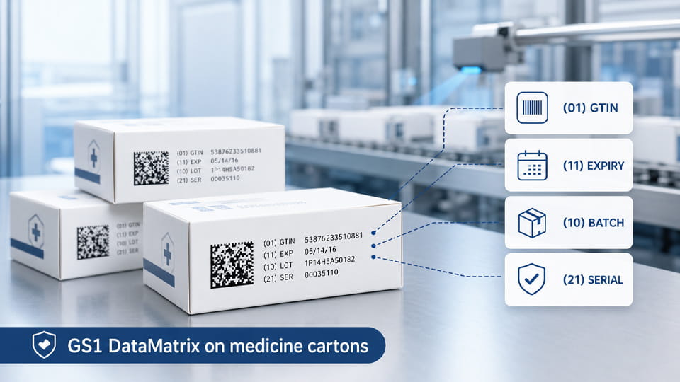 GS1 DataMatrix code on a medicine cartons containing (01)GTIN, (11)wygaśnięcie, (10)seria, (21)serial.