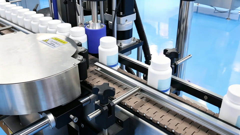 Labeled pharmaceutical bottles by labeling machine on a production line