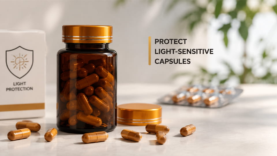 Amber medicine bottle filled with capsules beside blister packaging, illustrating light protection for light-sensitive capsules.